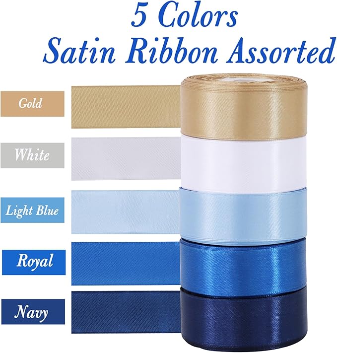 TONIFUL 1 Inch 5 Rolls Blue Gold White Ribbon, Assorted Graduation Satin Ribbons for Gifts Wrapping, Flower Bouquets, Bows, Crafts,Birthday, Graduation Leis, Baby Shower Decoration(25 Yards/Roll