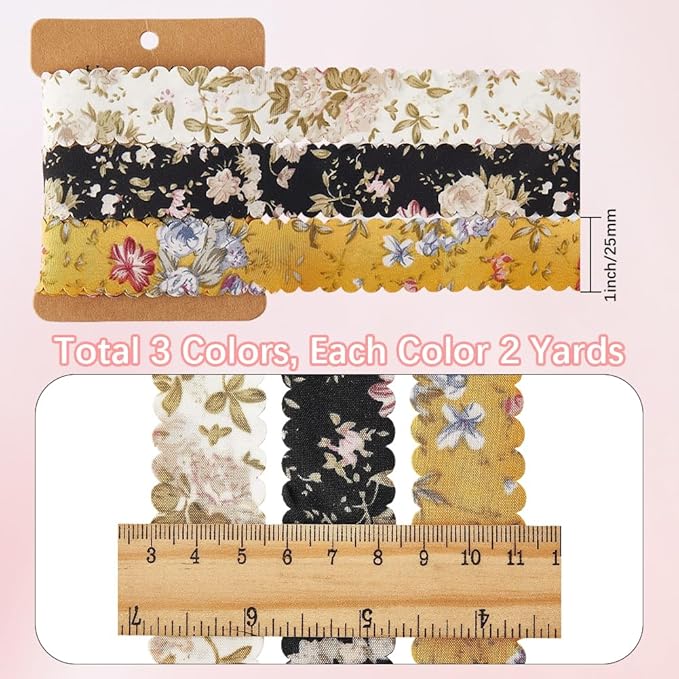 3 Rolls 6 Yards 1 Inch Flower Printed Ribbon Set Vintage Double Face Colorful Floral Pattern Wavy Edge Polyester Fabric Ribbons for Sewing Wedding Home Decor Gift Wrapping DIY Craft Supply