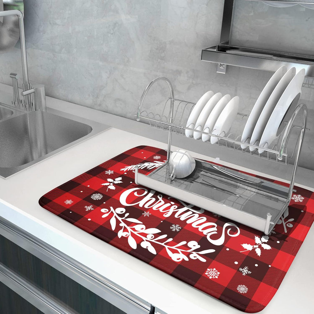 Merry Christmas Dish Drying Mat 18x24 Inch for Christmas Kitchen Counter Decor Absorbent Reversible Microfiber Red Buffalo Check Plaid Dishes Pad