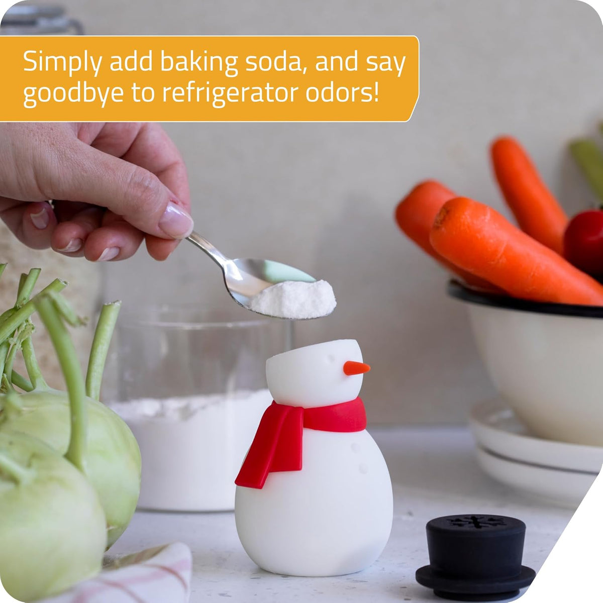NEW - Peleg Design Freezy Fridge Deodorizer Odor Eliminator - Cute Snowman Baking Soda Container, Reusable Silicone Refrigerator Freshener, Fun Kitchen Gadget for Home Improvement