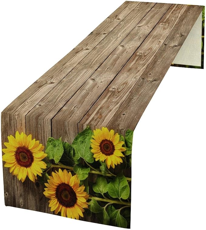Sunflower Floral Table Runner, Country Farmhouse Vintage Spring Flower Rustic Wooden Plank Kitchen Dining Table Decoration for Indoor Outdoor Home Party Decor, 13x108inch