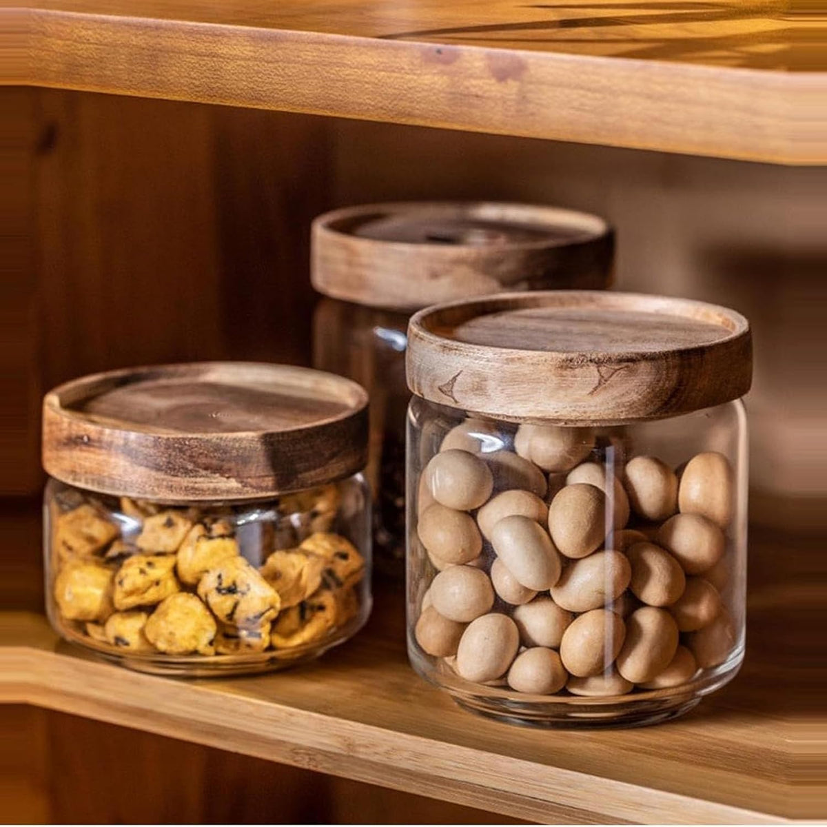 Glass jar candy Containers - 16oz kitchen Glass Airtight Storage jar With Acacia Airtight Lid，for kitchen Seasoning, coffee bean, tea, suger