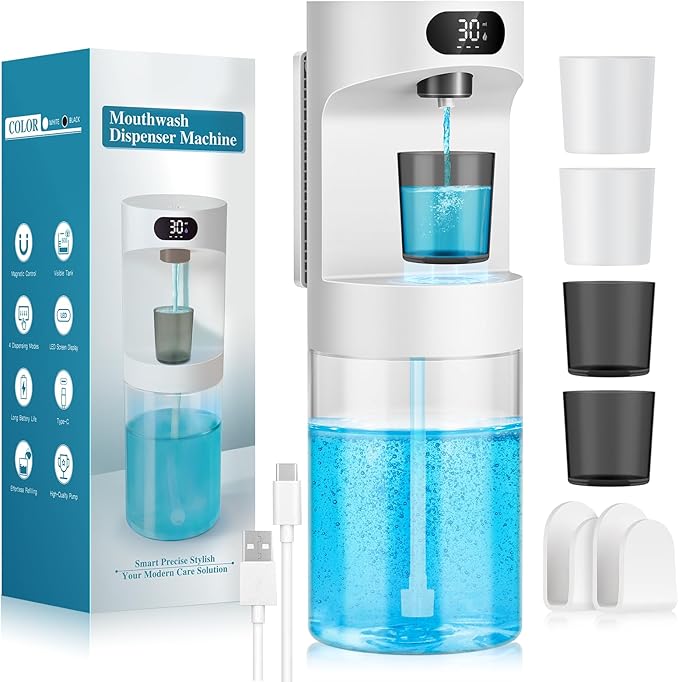 Automatic Mouthwash Dispenser for Bathroom,20.29 oz Touchless Electric Mouth Wash Dispensers Bathroom Accessories Set with 4 Magnetic Cups,4 Modes Wall Mounted Mouth Wash Dispenser for Home & Kids
