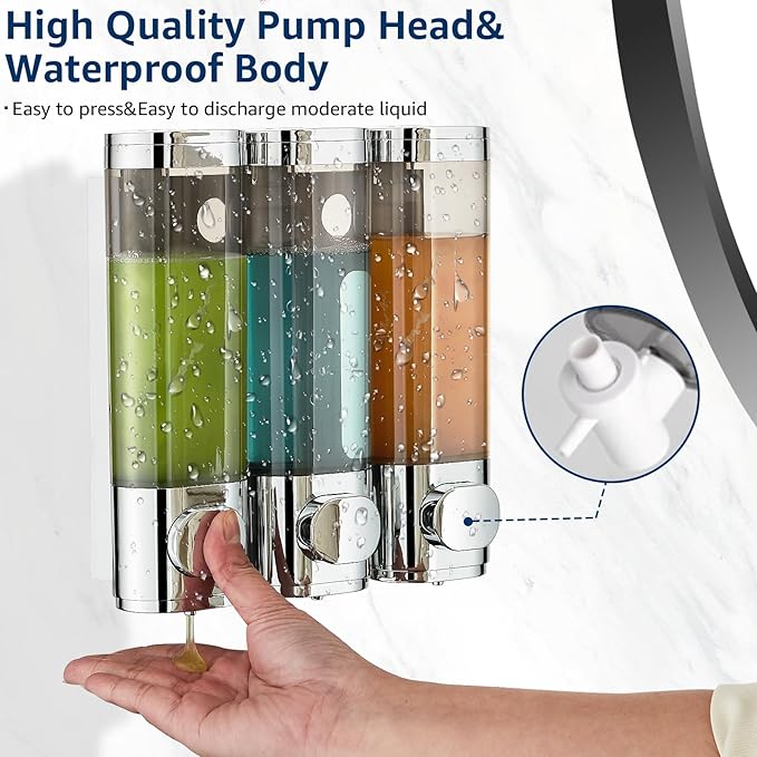 Pollock Shower Shampoo and Conditioner Dispenser, 3 Chamber No Drill Body Wash Dispenser for Bathroom, Large