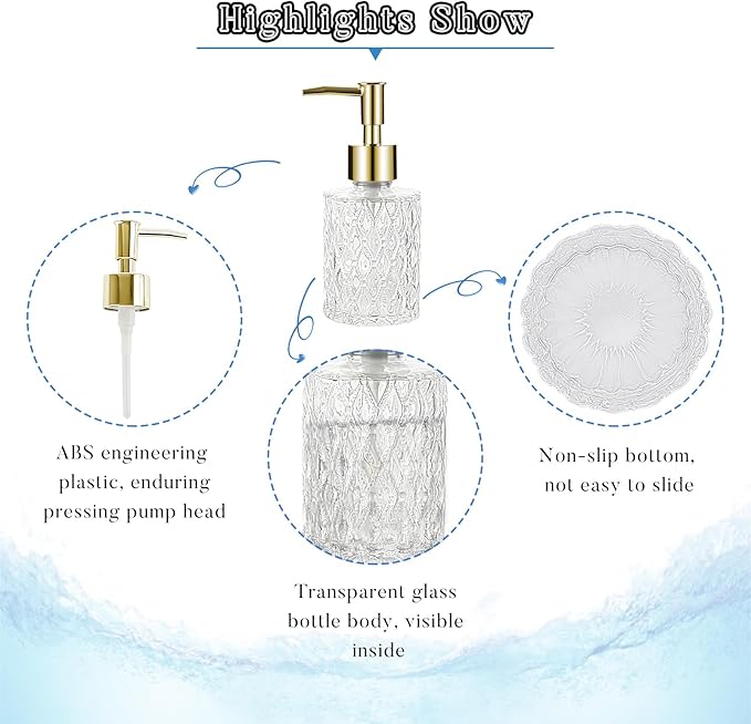 Multipurpose Soap Dispenser Easy to Clean Glass Soap Pump Dispenser Ideal for Bath and Bathroom (Gold)