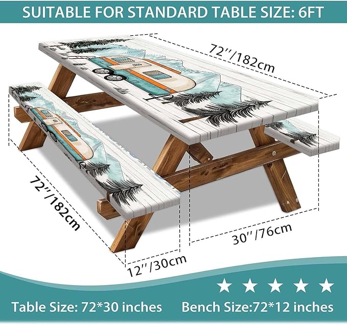 Happy Campers Picnic Table Cover with Bench Covers, RV Camping Tablecloth Fitted Picnic Table Covers, Pine Forest Country Wooden for Rectangle Tables Family Garden Outdoor Party Decorations, 30X72in