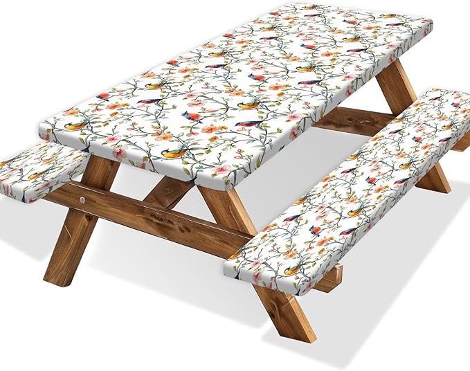 Bird Branch Picnic Table Cover with Bench Covers and Bag, Camping Essentials, Spring Summer Floral Waterproof Windproof, Fitted Tablecloth Cover with Elastic Edge for Outdoor Garden 3 PCS 30x60 Inch
