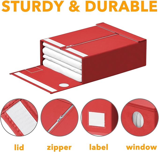SpaceAid 4 Pack Bed Sheet Organizers and Storage, Foldable Sheet Organizer for Linen Closet, Sheets Set Folder Keeper with Window XL (Queen & King Size) Bedding Container (Red, 4 Pack)