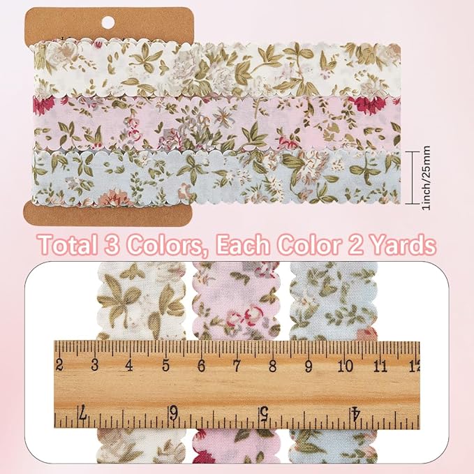 3 Rolls 6 Yards 1 Inch Floral Printed Ribbon Vintage Flower Pattern Wavy Edge Spring Summer Decorative Fabric Ribbons for Sewing Bow Wreath Bouquets Decor Gift Wrapping DIY Craft Supply