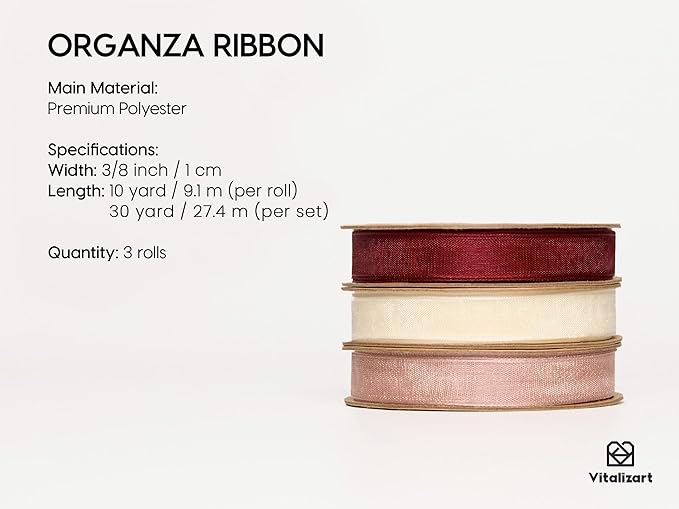 Vitalizart 3/8" x 30Yd Organza Ribbon Red Pink White Sheer Ribbons Set 10 Yd x 3 Rolls Handmade Eco-Friendly for Gift Wrapping Christmas Tree Crafts Bows Wedding Invitations Wreaths