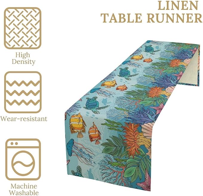 Coastal Table Runner, Ocean Nautical Coral Starfish Seashell Sea Turtle Table Runner for Dining Table Kitchen Party Picnic Home 13x108in