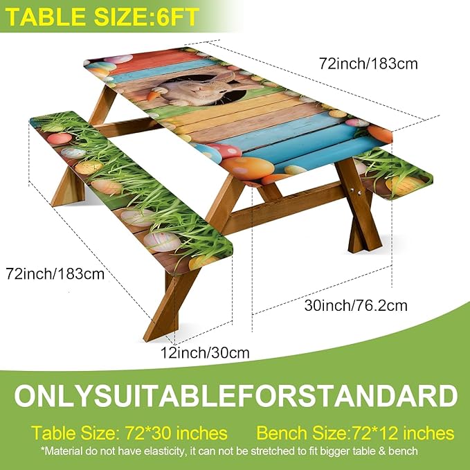 ANNA QUEEN 6FT Easter Bunny Picnic Table Cover with Bench Covers Picnic Table Cover Set 3PCS 72"x30", Outdoor Bench and Tablecloth Furniture Protection
