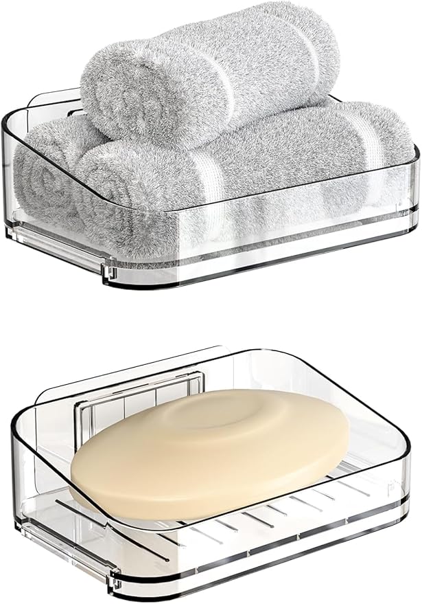 SUOXING Adhesive Bar Soap Holder for Shower Wall,Clear Plastic Soap Savers for Bar Soap,Hanging Soap Rack and Soap Dish Tray for Bathroom with Command,Drill-Free,Pack of 2