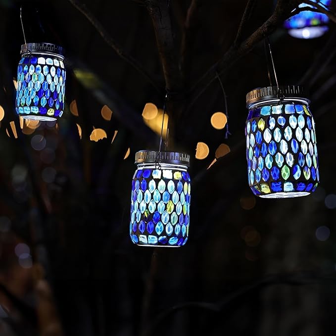 Cooo Mosaic Lanterns Outdoor Waterproof with 215% Larger Solar Panel, Never Rust Lids, True Capacity Battery- Solar Mason Mosaics Jar Lantern for Patio Garden Yard Balcony Hanging or Table (4)