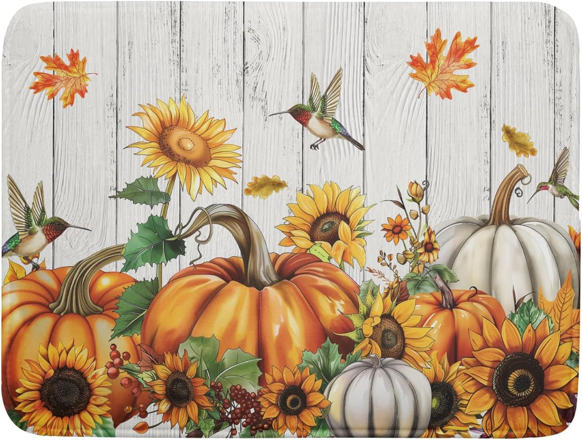 Autumn Harvest Pumpkin Dish Drying Mat for Kitchen Counter Sunflower Maple Leaves Fall Dish Drying Mat 18”x24” Thanksgiving Dishes Pad Dish Drainer