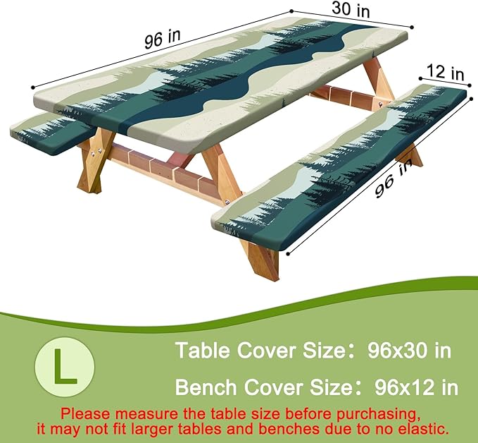 Picnic Table Cover with Bench Covers Portable Table Cloth Built-in Storage Pocket Fitted Tablecloth with Elastic Edges Waterproof Camping Essentials for Indoor Outdoor Rv,96in,Green Blue