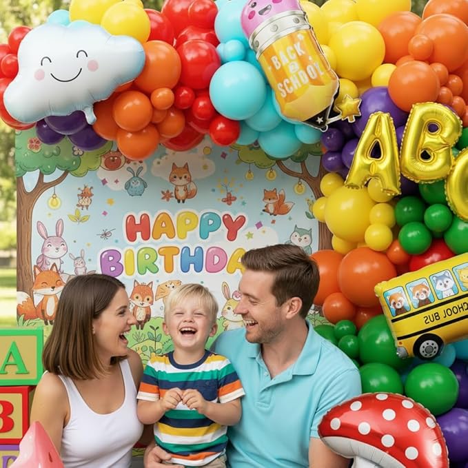 Rainbow Balloon Arch Garland Kit 173Pcs, Back to School Balloon with School Bus Pencil ABC Mushroom Cloud Foil Balloons for Watermelon Birthday Back to School Kindergarten Graduation Decor