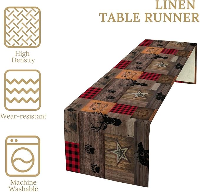 Vintage Bear Deer Table Runner, Rustic Western Farmhouse Hunting Theme Wildlife Animal Checkered Table Runner for Outdoor Dining Kitchen Camping Party 13x60in