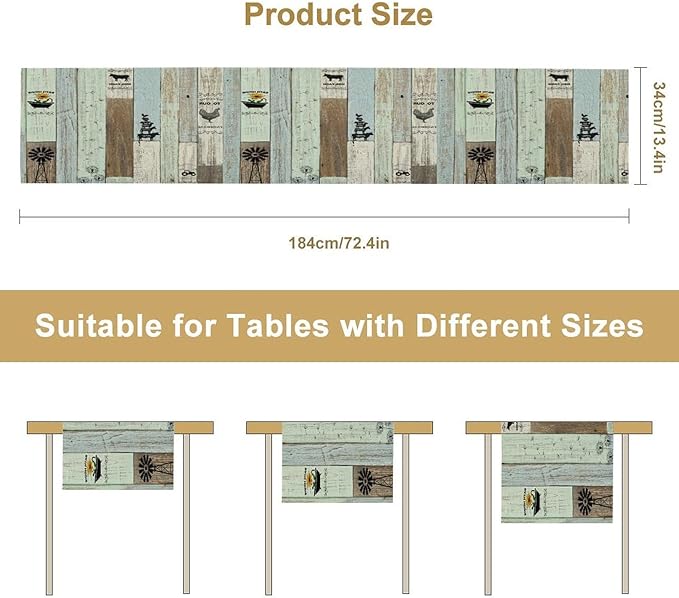 Rustic Farmhouse Table Runner, Vintage Country Blue Green Wooden Board Cow Chicken Pig Windmill Print Table Runner for Kitchen Dining Room Wedding Party Decor, 13x120inch