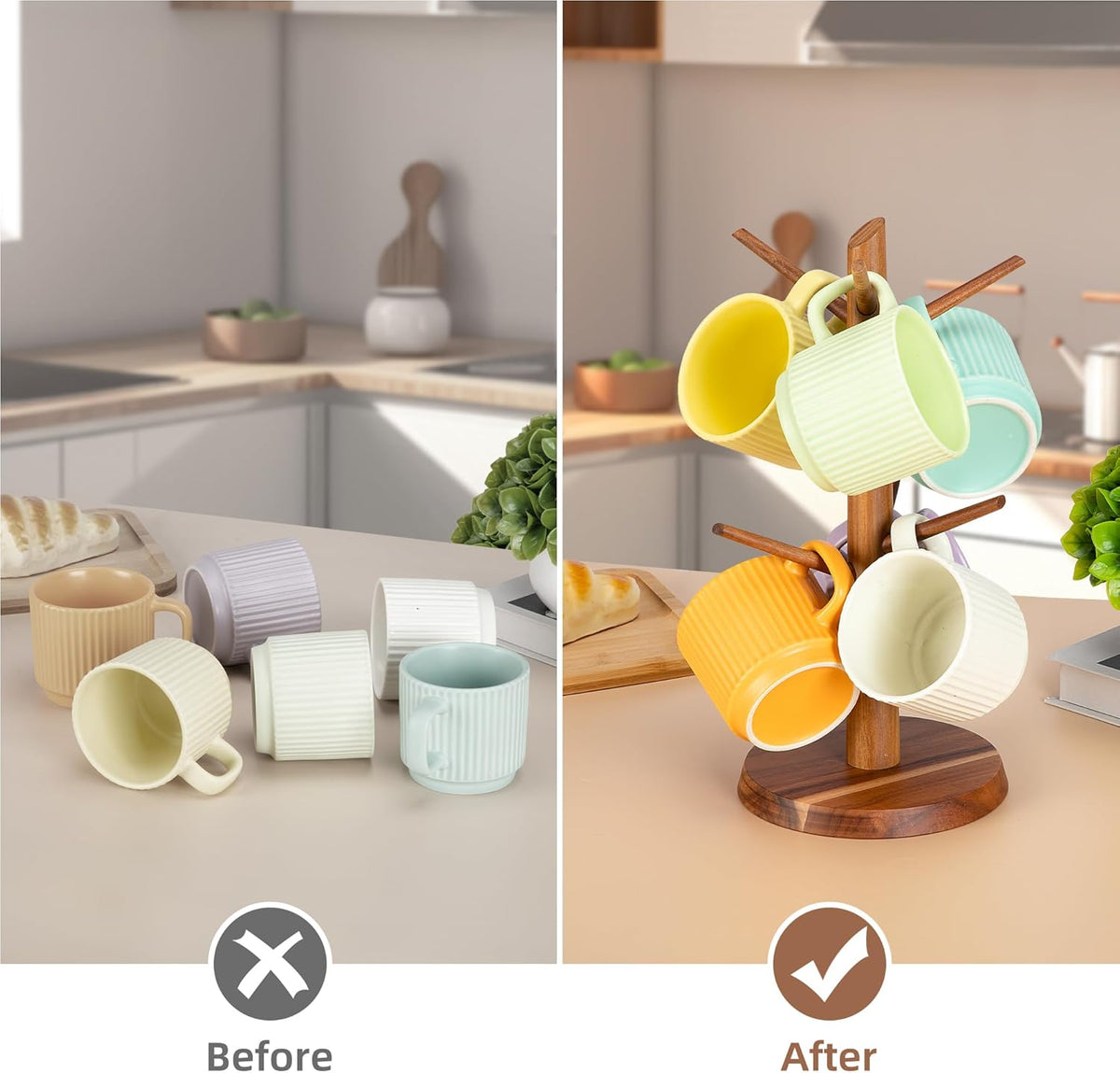 Acacia Wood Mug Holder Tree, 6 Hooks Wooden Mug Organizer for Kitchen Counter & Coffee Bar, Easy to Assemble, Natural Wood Color