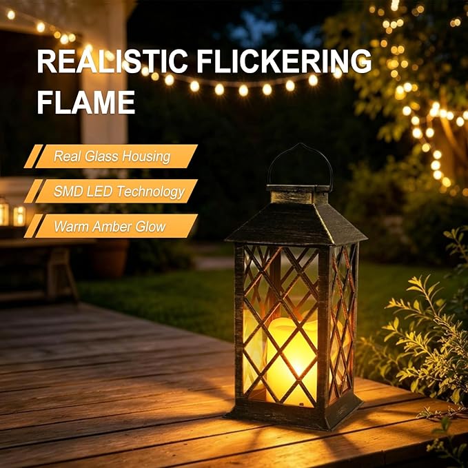 Solar Lanterns Outdoor Waterproof - 2 Pack 14" Large Hanging Solar Lantern with Glass Flickering Flame, IP65 Weatherproof Decorative Lanterns for Garden, Patio, Yard, Porch, Balcony, Gifts Mom Wife
