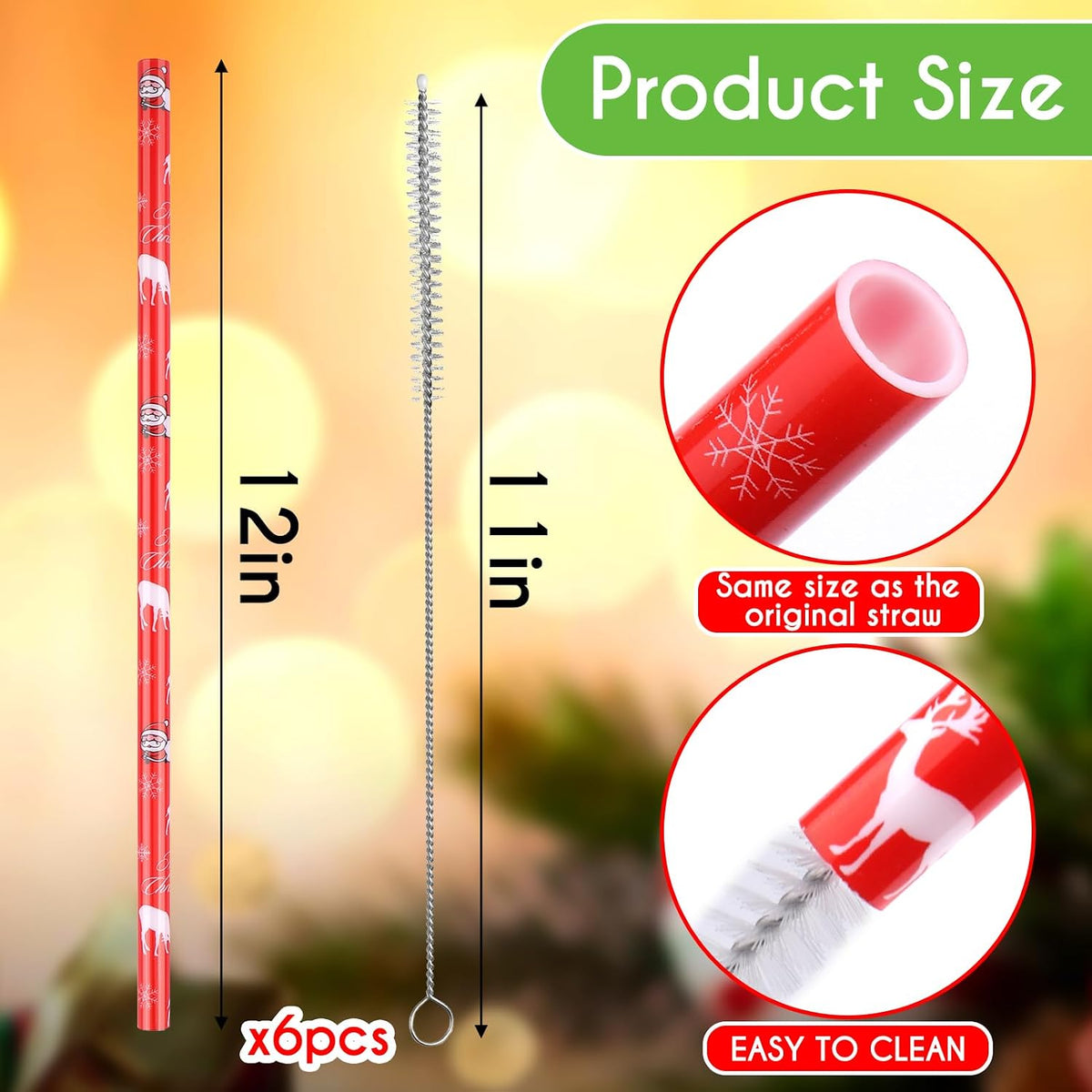 AIERSA 6 Pack Christmas Straw Replacement for Stanley 30&amp;40oz,Plastic Reusable Straw for Stanley Tumbler,Long Straws with Cleaning Brush for Stanley Cup Accessories