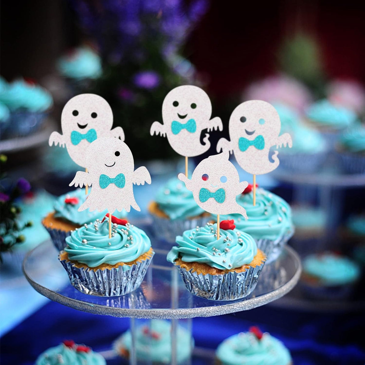 24Pcs Ghost Cupcake Toppers - Bule Halloween, Bule and White Halloween Birthday Decorations, Bule Halloween Baby Shower Decor, Ghost Decorations
