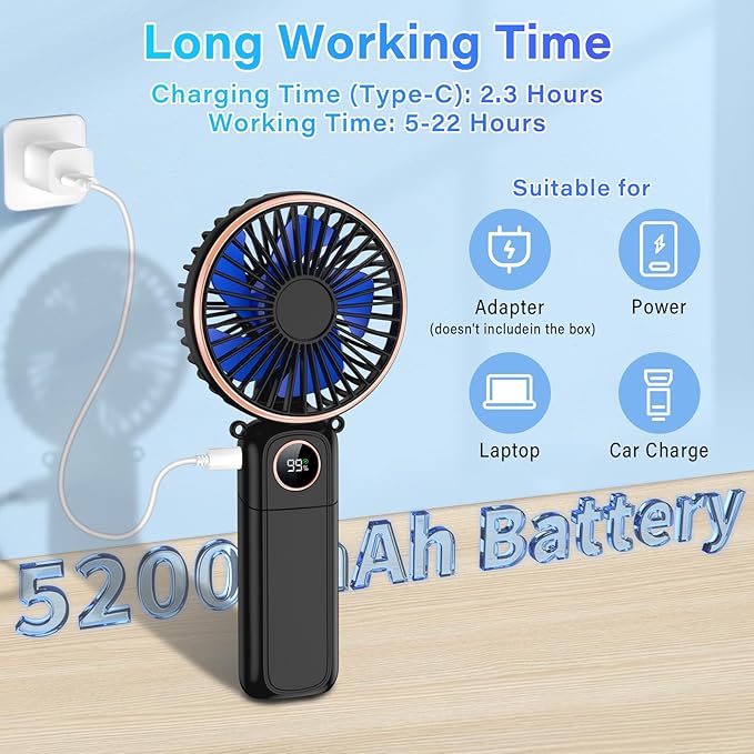 Portable Handheld Fan 5200mAh, USB Rechargeable Foldable Electric Personal Small Mini Hand Held Fan, 22Hrs Runtime, 6 Speeds, LED Display, Battery Powered, Gift for Men, Women, Travel, Outdoor, Makeup