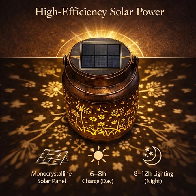 Solar Lanterns Outdoor Waterproof - Retro Metal Hanging Solar Lights with Dandelion Hollow-Out Pattern, Decorative Garden Decor for Outside Patio Yard Porch, Unique Floral Gifts for Women Mom Grandma