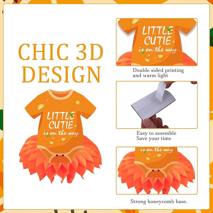Little Cutie Baby Shower Decorations, 9PCS Cute Orange Party Table Decorations, A Little Cutie Is on the Way Baby Shower Decor Supplies