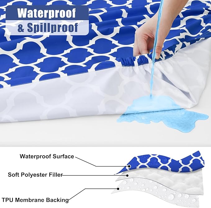 Smiry Picnic Table Cover with Bench Covers, Waterproof Elastic Fitted Tablecloth for 8 Foot Tables, Washable Polyester Tablecloths for Camping, Indoor & Outdoor (Blue, 30x96 Inch 3-pc Set)