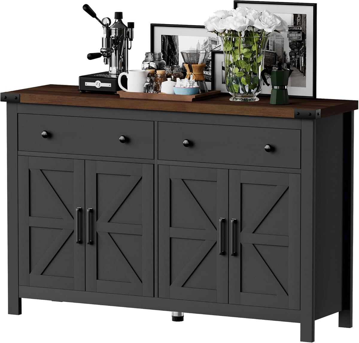 55" Sideboard Buffet Cabinet with Storage, Coffee Bar Cabinet with 2 Drawers and 4 Barn Doors, Long Storage Cabinet Modern Farmhouse, Black Wood