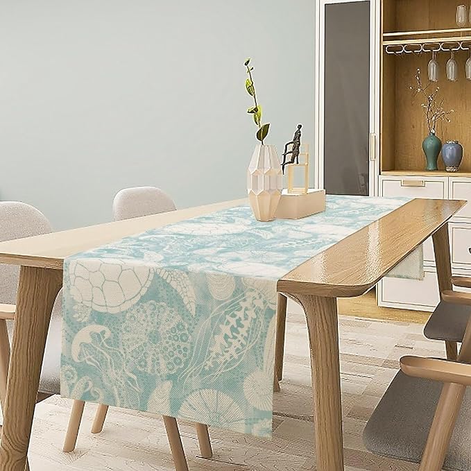 Marine Sea Turtle Table Runner, Ocean Beach Coral Starfish Seashell Table Runner for Kitchen Dining Wedding Party Banquet 13x36in