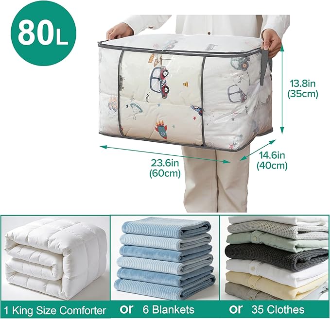 3 Pack 80L Large Clear Comforter Storage Bags,Clothes Storage Bins Foldable Closet Organizer Storage Containers and for Clothes, Blanket, Bed Sheets,Toys, Pillows(Gray)