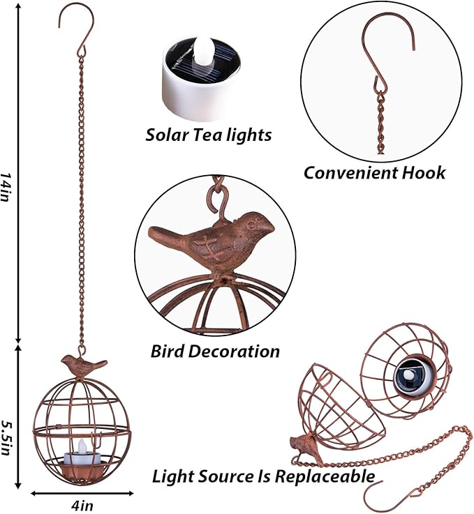 Outdoor Solar Hanging Lantern Lights, 4 Pack Rustic Ball Birdcage Hanging Candle Holder with Solar Tea Lights, Outdoor Waterproof Decorations for Patio, Backyard, Pergola, Tree Decor (Dark Orange)