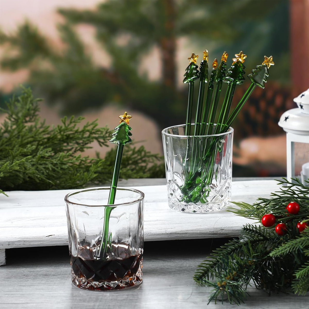 12 Pcs Christmas Glass Drink Stirrers 7 Inch Xmas Stir Sticks Reusable 3D Coffee and Cocktail Stirrers Hot Cocoa Bar Supplies for Holiday Party Favors (Christmas Tree)