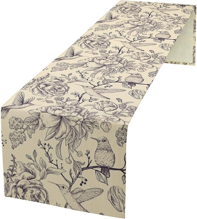 Retro Floral Bird Table Runner,Vintage Boho Rose Flower Birds Table Runner for Kitchen Dining Table Holiday Farmhouse Home Party Decor 13x70in