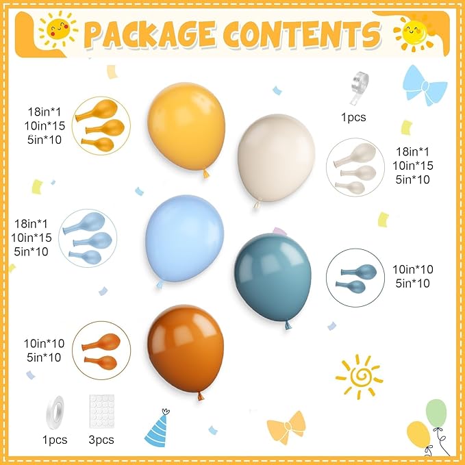 Here Comes the Son Balloon Arch Kit, Retro Blue Yellow Boho Balloon Garland with Mustard Yellow Pastel Blue Sand White Coffee Balloon for Fall Colorful Baby Shower First Birthday Party Decoration