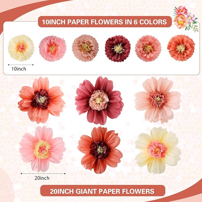 Crowye 36 Pcs Large Colorful Tissue Paper Flowers Decorations Giant Fiesta Craft Crepe Paper Flowers for Wall Decor Backdrop Mexican Wedding Birthday Carnival Party (10'' 20'',Vintage Color)
