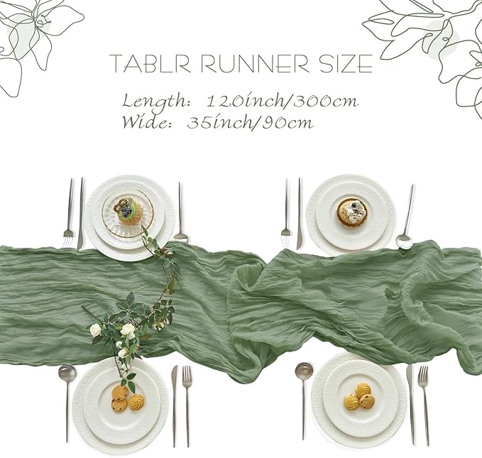 IVAPUPU 2 Pcs Cheesecloth Table Runner - 10ft Sage Green Boho Rustic Gauze Cheese Cloth Table Runner for Baby Shower Decorations Wedding Party Summer Garden Farmhouse Decor