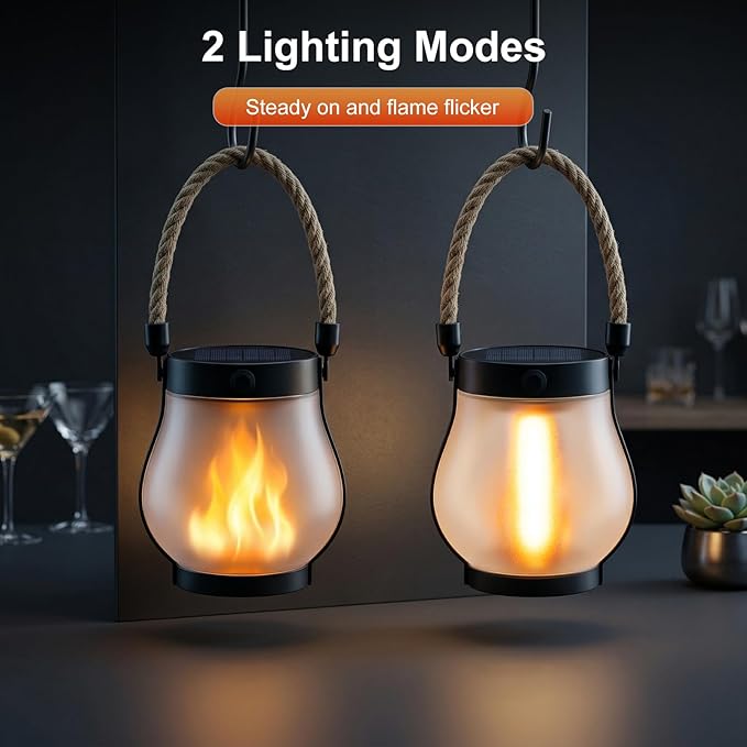 Solar Lanterns Outdoor Waterproof 4 Pack, Outdoor Solar Lanterns with Flickering Flame Effect, USB-C & Solar Charging, Auto Dusk to Dawn, Hanging Light for Garden Patio Yard