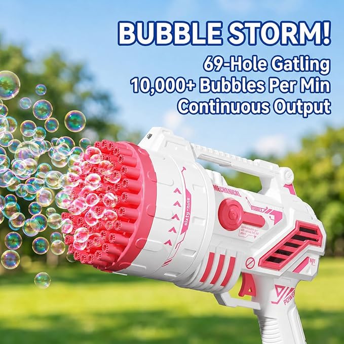 Bubble Gun for Kids, 69-Hole Bubble Machine with LED Lights, 69 Hole Bubble Blaster Blower, for Ages 3+, Summer, Birthday, Party Wedding Outdoor (Pink)