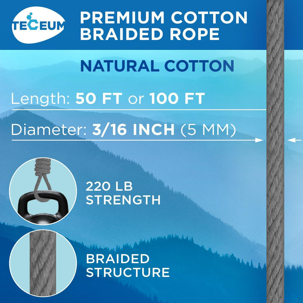TECEUM Cotton Rope 3/16” (5 mm) – 100 FT – Strong All-Purpose Braided Rope – Natural Cotton – for Crafting, Сamping, Clothes Line, DIY, Indoor & Outdoor Use – Gray
