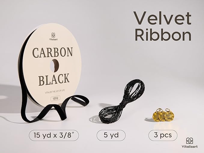 Vitalizart Black Velvet Ribbon Set 3/8" Continuous Fabric Trim Thin Ribbon 15Yd for Gift Wrapping, Tree Ornaments, Vintage Christmas Paper, Crafts, Bows, Holiday Decor with Gift Twine