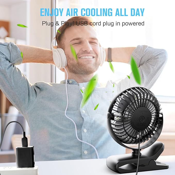 BESKAR Small Clip on Fan, 3 Speeds USB Fans with Strong Airflow, Clip & Desk Fans USB Plug in with Sturdy Clamp - Ultra Quiet operation for Office Dorm Bedroom Stroller