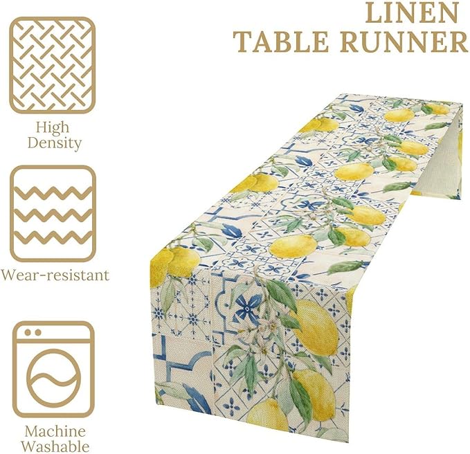 Vintage Lemon Table Runner, Watercolor Yellow Lemons Blue Tiles Spring Summer Seasonal Kitchen Dining Table Decoration for Indoor Outdoor Party, 13x70inch