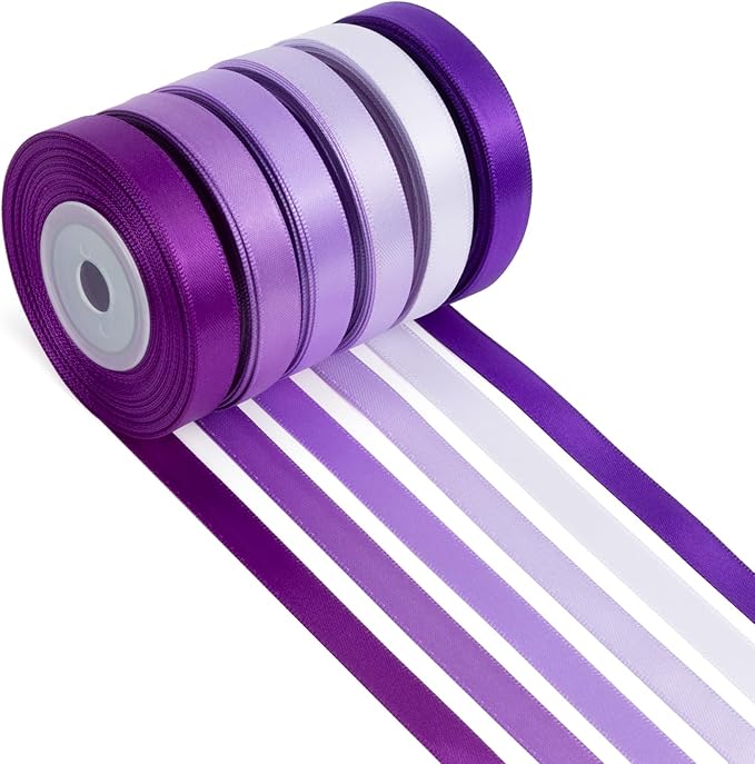 Purple Ribbon Thin 3/8 Inch x 60Yds Assorted Lavender/Violet/Lilac Double Faced Satin Ribbons for Flower Bouquet, Gift Wrapping, Wedding Invitation, Bridal Shower, Baby Shower, Hair Bows, Crafts
