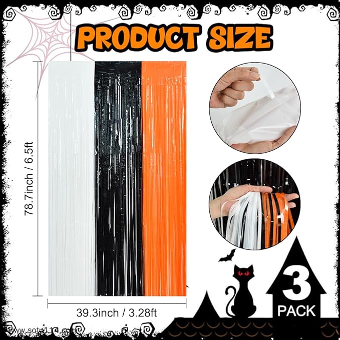 3 Pack Tinsel Curtain Party Streamers Backdrop Halloween, Door Streamers Fringe Foil Curtain Backdrop Curtain for Halloween Party Decoration, White Black Orange (3.28 ft x 6.56 ft)