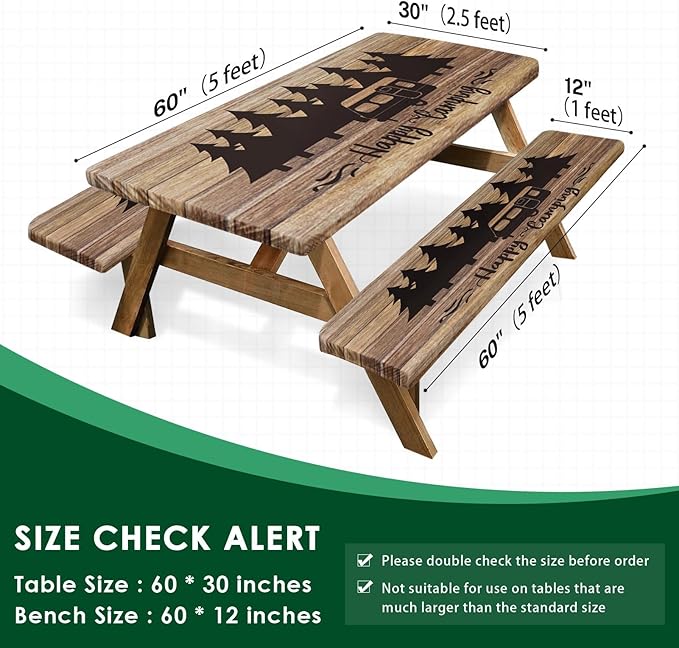 Picnic Table Cover with Bench Covers Elastic Edges, Wooden Camper Fitted Table Cover, Outdoor Patio Camping Essentials 60 Inch 3PCS, Waterproof Camping Fitted Tablecloth with Drawstring Bag