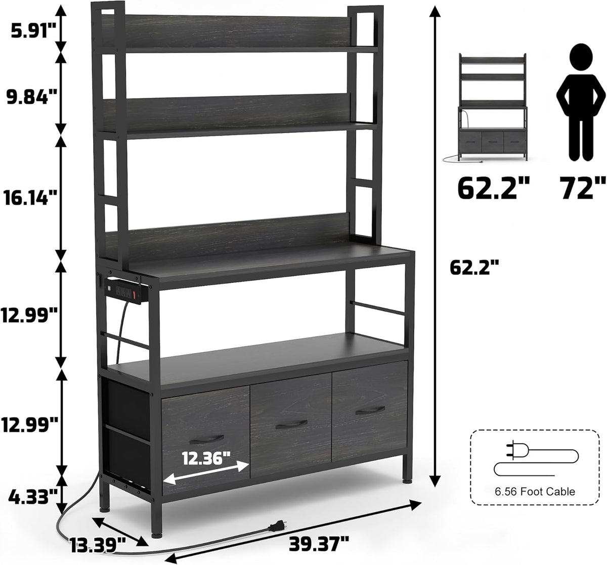 Bakers Rack with Power Outlet,5-Tier Free Standing Kitchen Storage Shelf Bakers Rack with Baskets,Industrial Microwave Oven Stand